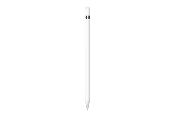 White pen with Apple "Pencil" branding written in black letters on the side.