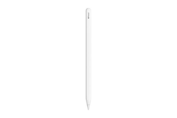 White pen with Apple "Pencil" branding written in black letters on the side.