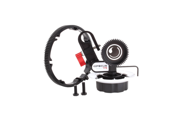 A black gear attached to a gear box and rod clamp you can attach to your camera. There are also multiple attachments that include larger gears and bolts to connect the clamp to your camera.