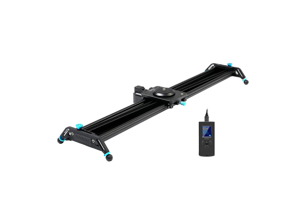 A black, long rail that has a camera mount attached which glides on the rail. There is also a black remote control with a screen and buttons.