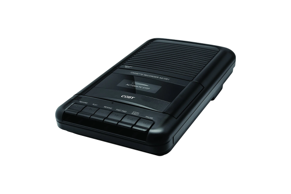 A black recorder. It is square with a set of buttons to record and play audio and a speaker to hear audio. It has "Coby" branding written in white letters. It is small enough to hold in your hand.