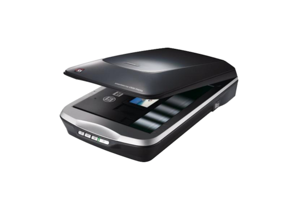 A black rectangle scanner that opens to show a glass screen. You can place your image or document to scan the image to a computer or other device in the opening. there are silver buttons on the front of the device to adjust your scanning settings.  