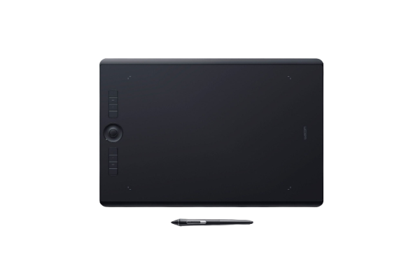 A black rectangular device with a black pen you can use to draw on the device.