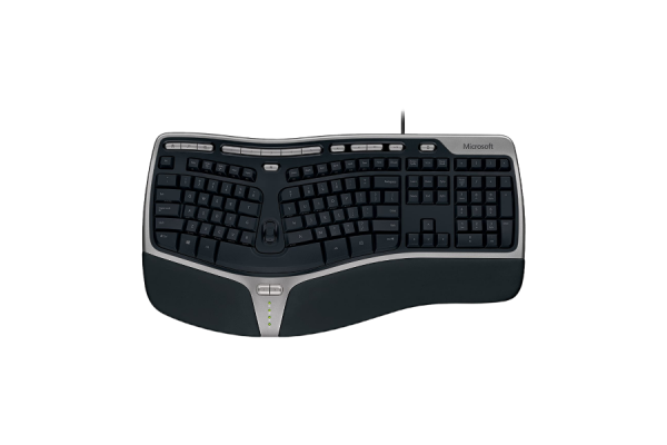 A black computer keyboard with rounded edges.