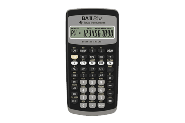 A black handheld calculator with number and mathmatical function keys. There is a small screen that displays your calculations at the top of the device. It has "Texas Instrument" branding on the top right corner.