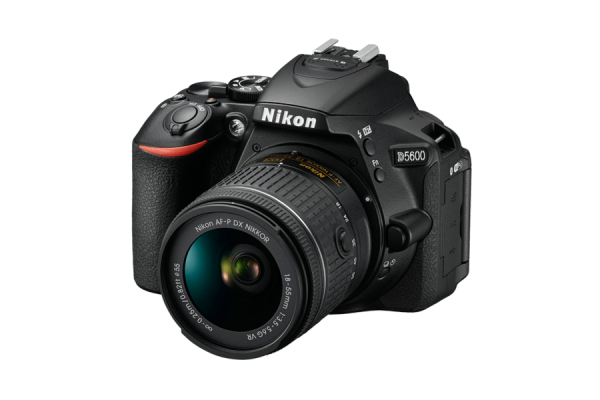 A black, compact Nikon DSLR camera with a lens mounted.
