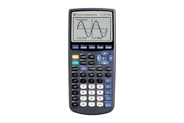 A handheld graphing calculator that displays a graph of a sine wave on its screen.