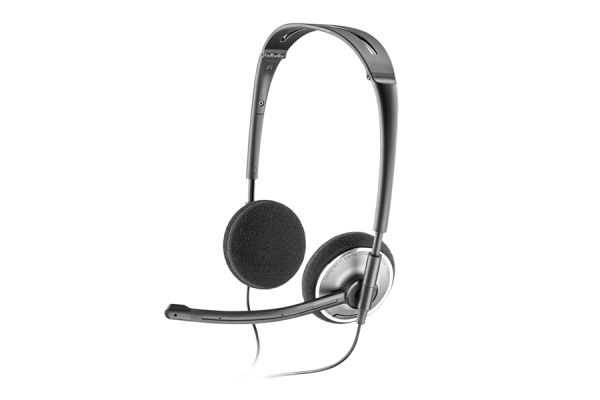 Slim headphones in silver and black with thin earpads and no head cushioning, but an extended microphone.
