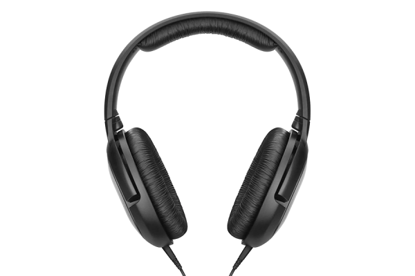 Black, overear headphones with earpads and head cushioning.
