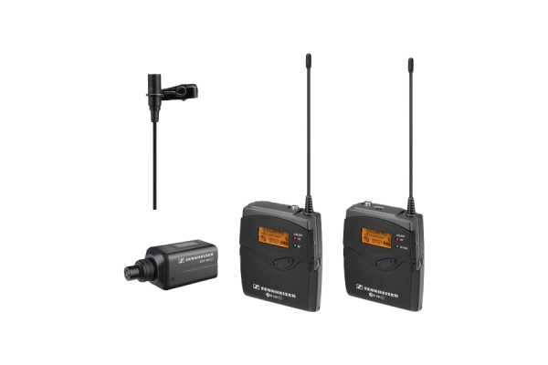 A small lapel microphone on wire, with the other end being a small wireless transmitter. Also showing two wireless receivers which are black and slightly bigger. Everything is in black.