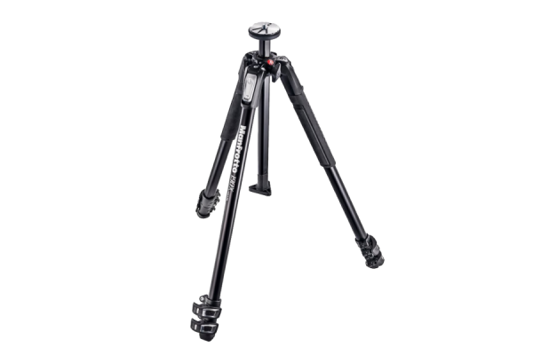 A black and silver large tripod with retractable legs and a mount for cameras on top.