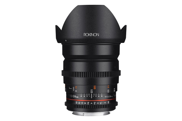 A black DSLR camera lens with a focus ring, an aperture ring, and a built-in lens shade.