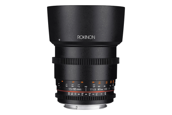 A black DSLR camera lens with a focus ring, an aperture ring, and a built-in lens shade.
