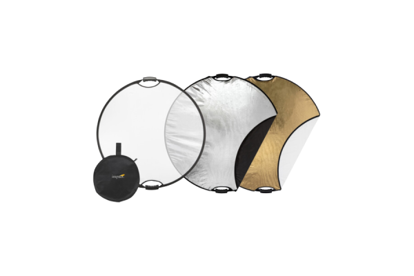 Three round light reflectors in white, gray, and gold. Next to them is a black carrying pouch.