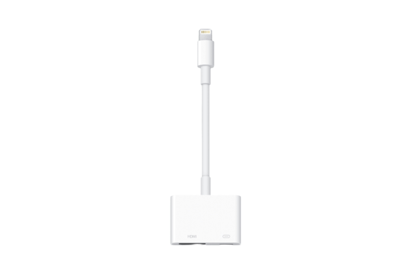 A small, white adaptor that has a lightning plug on one end, and an HDMI socket and a lightning socket on the other.