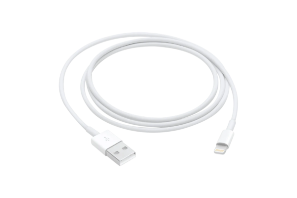 A white, 3-feet cable that has USB plug on one end and lightning plug on the other.