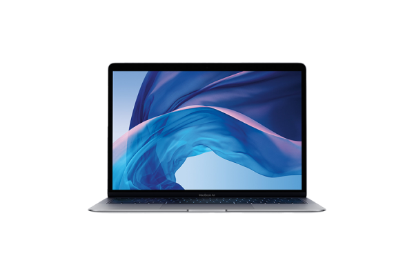 A silver MacBook Air with its screen on showing blue ribbons.