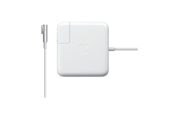 A white MacBook charger with a wall adaptor and a cable that plugs into MagSafe 1 ports.