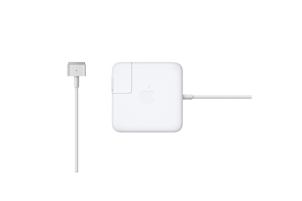 A white MacBook charger with a wall adaptor and a cable that plugs into MagSafe 2 ports.