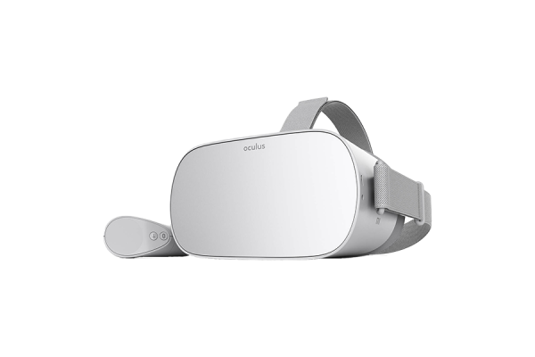 A silver Oculus Go VR headset and its silver controller.