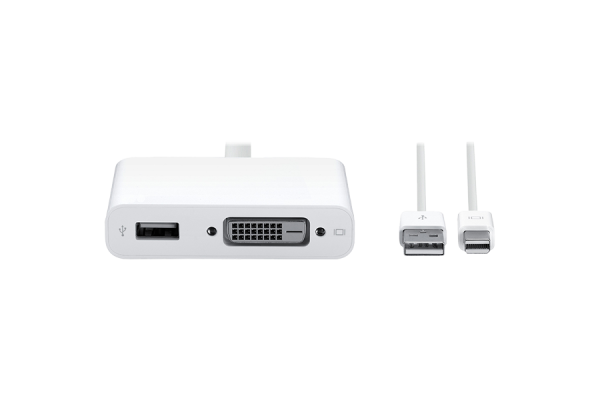 A white adaptor that has a USB port and a DVI port, and a white cable that has a USB plug on one end and a mini-DVI plug on the other.