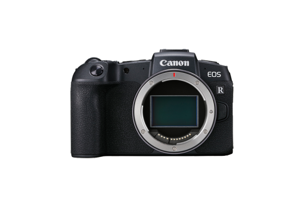 A Canon EOS RP mirrorless camera without a lens mounted, showing its image sensor.