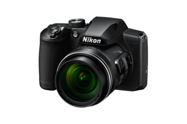A black camera with a fixed lens. Bigger than a pocket camera but smaller than a DSLR.