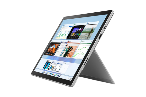 A silver Microsoft Surface Pro with its kickstand extended and screen on, showing Windows user interface.