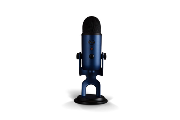 A small microphone on a stand in blue metallic color.
