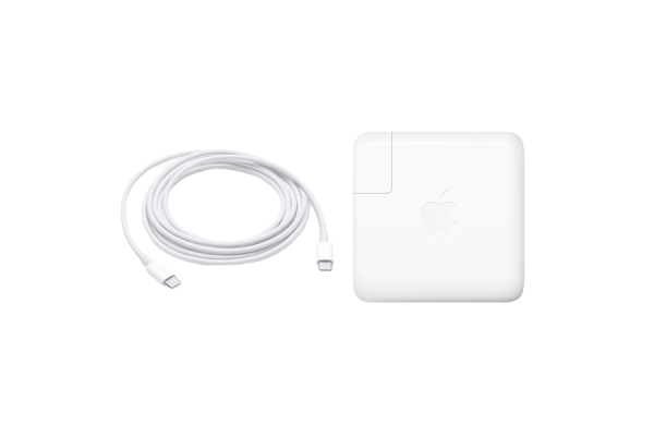 A white charging cable with USB-C plugs on both ends, and a wall adaptor that the charging cable plugs into.