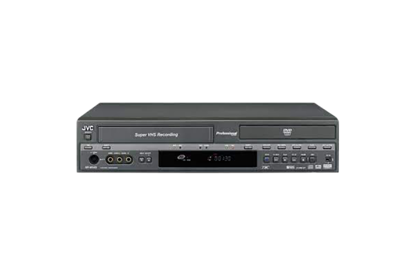 A dark gray VHS player that's rectangular in shape when looked from the front