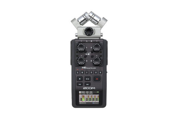 A dark gray handheld recorder with microphones, five knobs, and several buttons