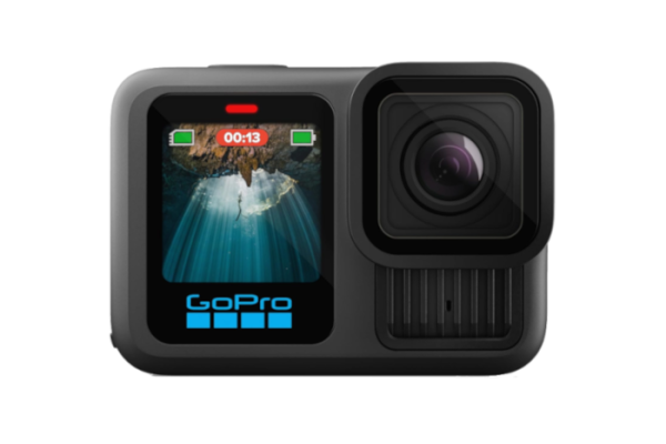 A black, small GoPro camera showing an LCD screen and a lens.
