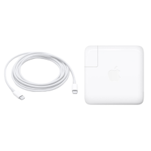 A white charging cable with USB-C plugs on both ends, and a wall adaptor that the charging cable plugs into.