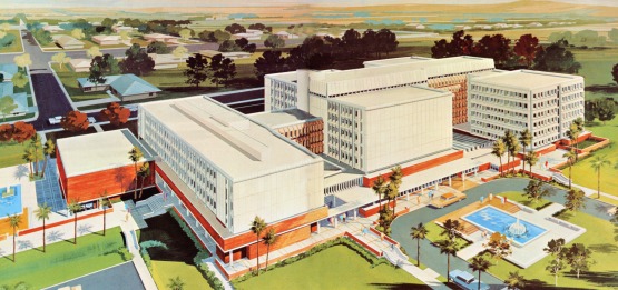 A color postcard depicting a bird's eye view of the University of Arizona College of Medicine in 1967