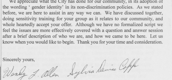 Letter to Tucson City Manager's Office Discussing "Gender Identity"